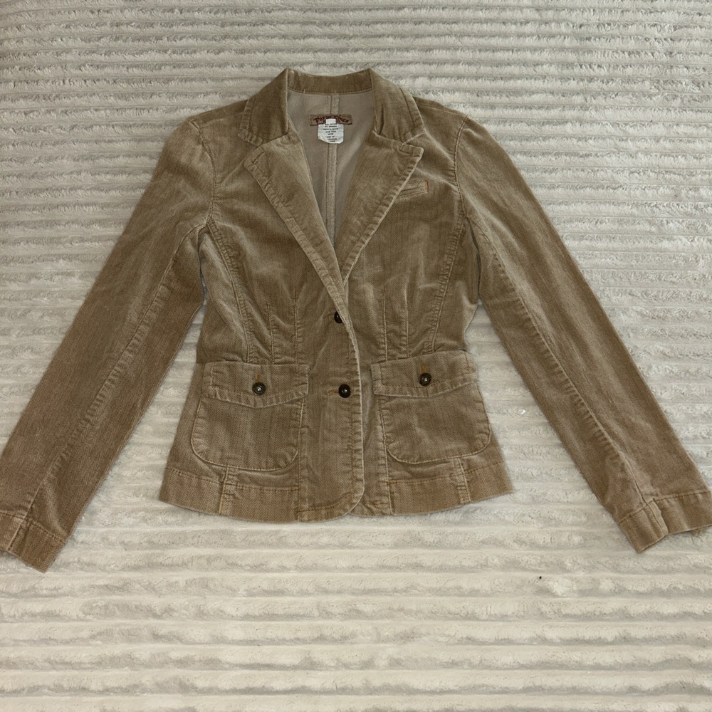Y2K Paris Blues Women L Beige Cotton Herringbone Corduroy LS Blazer Jacket